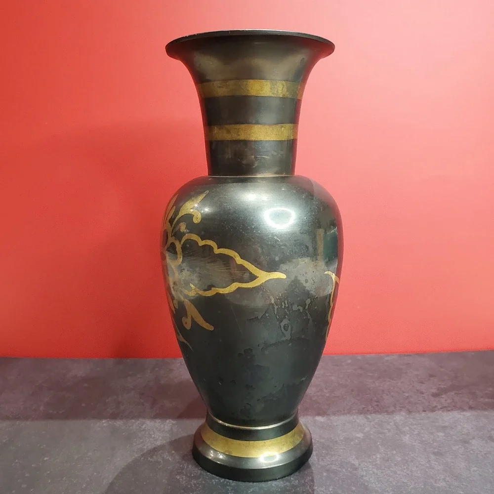 Vintage Hand-Etched Black & Gold Brass‎ Vase Made in India Mid-Century Decor